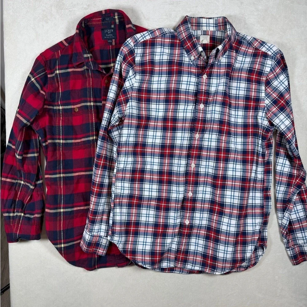 Lot of 2 J. Crew Medium Red and Blue Plaid Flannel Casual Button-Down Shirts